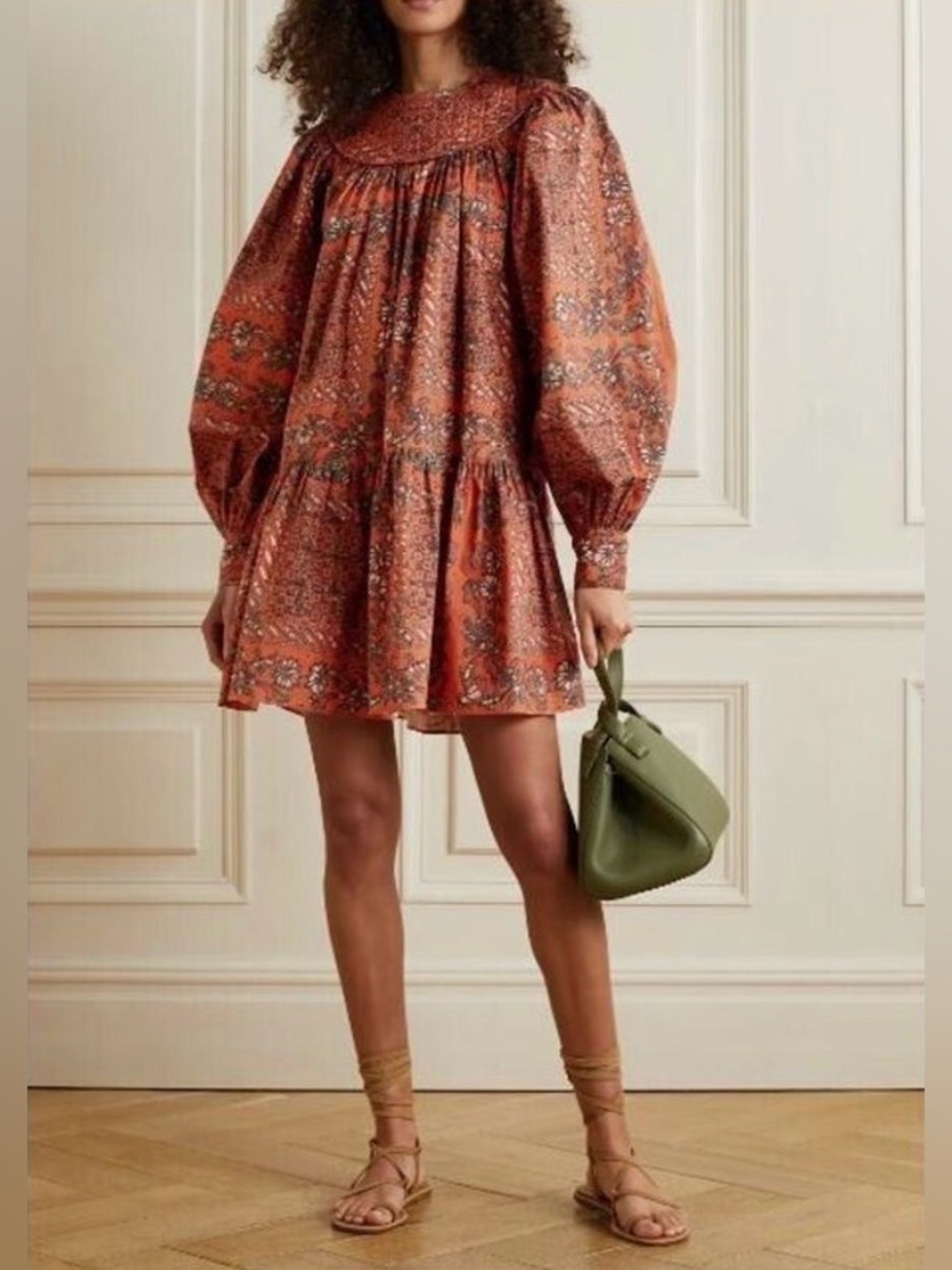 Ulla Johnson Ria Orange Floral Long Puff-Sleeve Cotton Mini Dress 8 with pockets